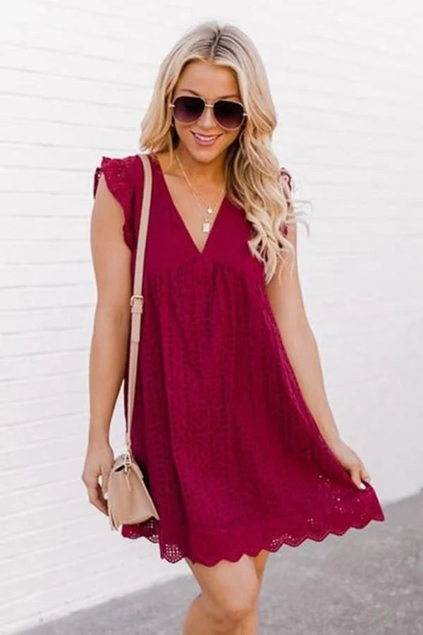 💖Summer V-neck short-sleeved hollow lace dress👗